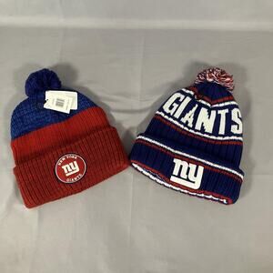 New York Giants Hat Cap Mens One Size Blue Red NFL Football Beanie Pom‎ 2 Pack